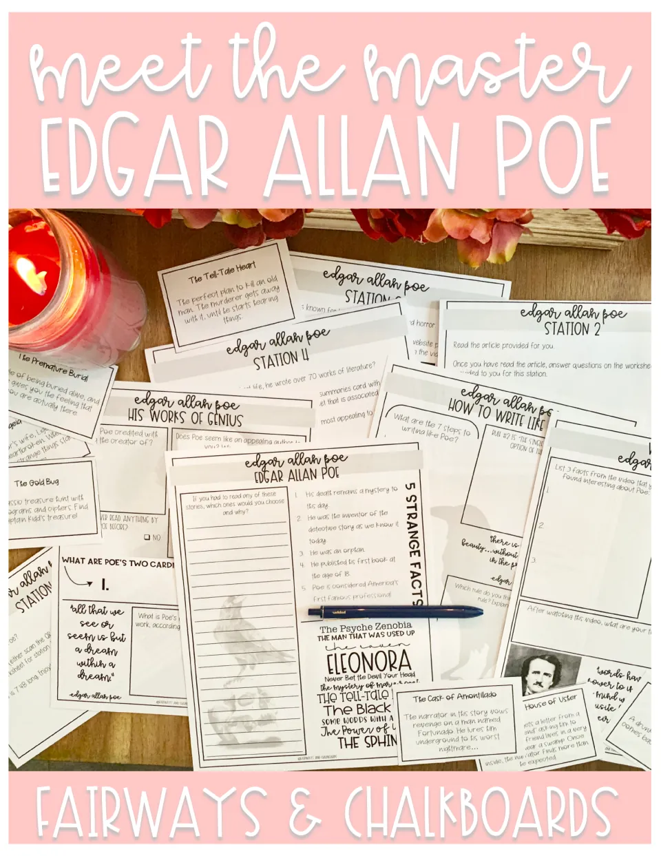 Cover of Meet the Master: Edgar Allan Poe Intro Activity, showing station materials by Fairways & Chalkboards