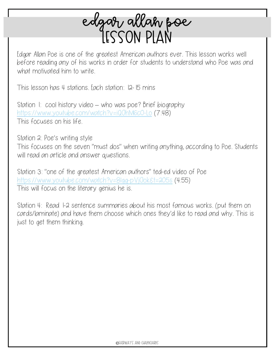 Poe lesson plan outlining four 12–15-minute stations on his life, writing rules, literary genius, and works