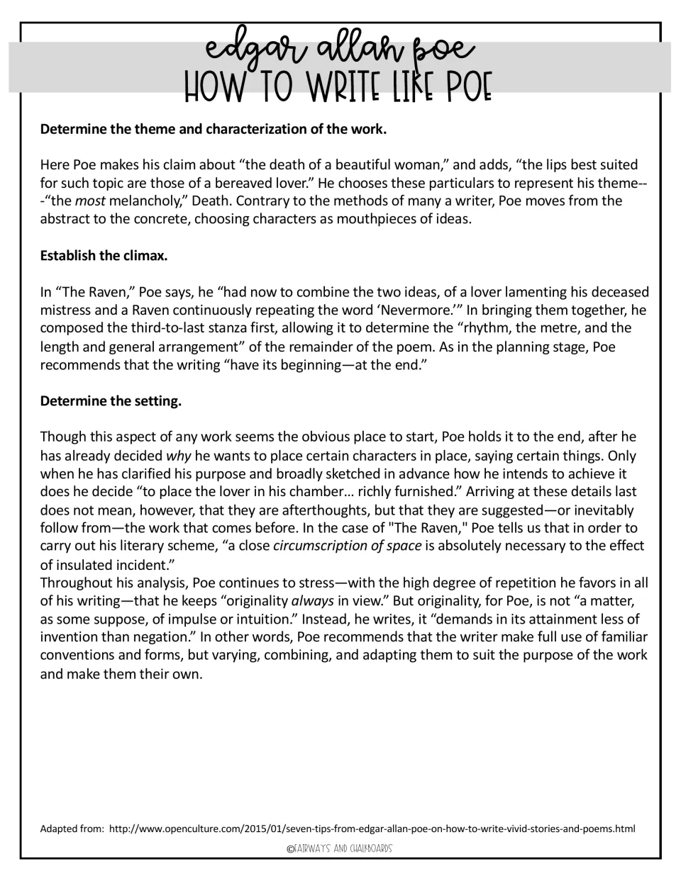 Poe writing article, part 2: determine theme and characterization, establish the climax, and choose setting