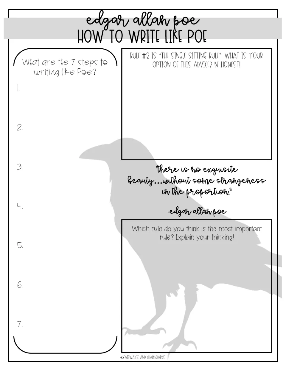 Poe writing response sheet asks for seven rules, an opinion on the single-sitting rule, and the most important rule
