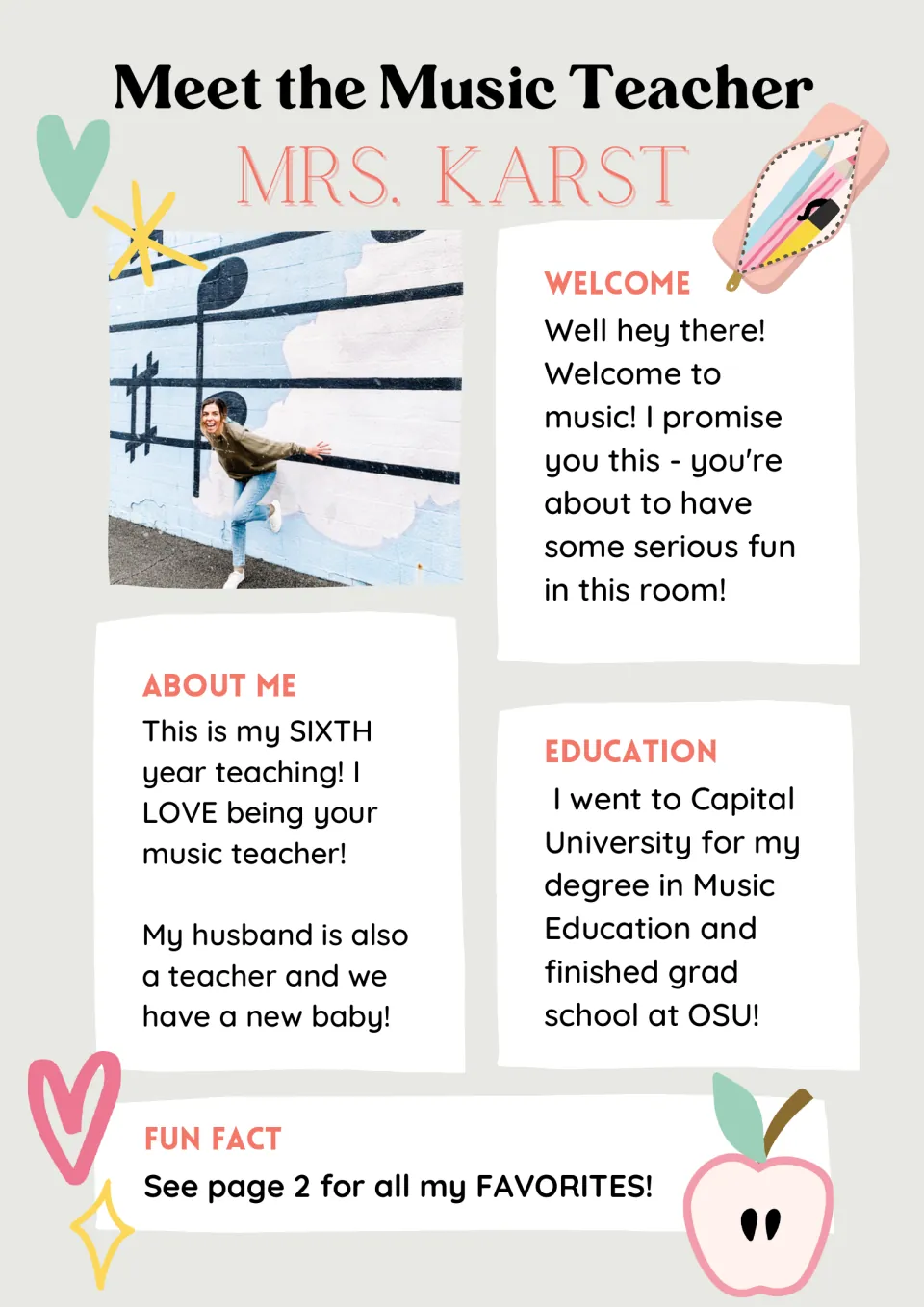 Music teacher introduction sample for Mrs. Karst: photo plus Welcome, About Me, Education and Fun Fact sections