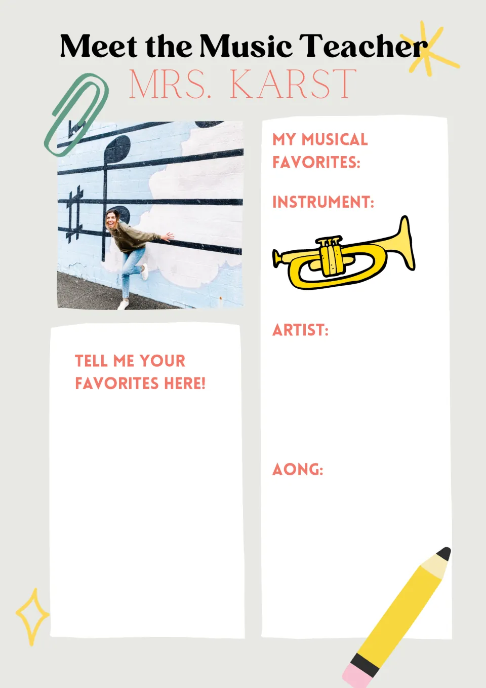 Musical favorites page: teacher's instrument, artist and song slots beside a space where students share their favorites