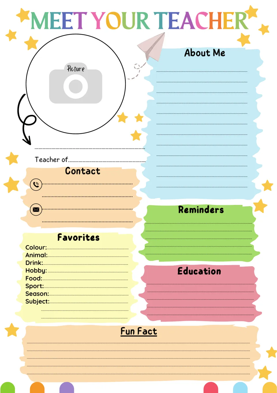 Meet Your Teacher profile: teacher fills in a photo, About Me, contact, favorites, reminders, education and a fun fact