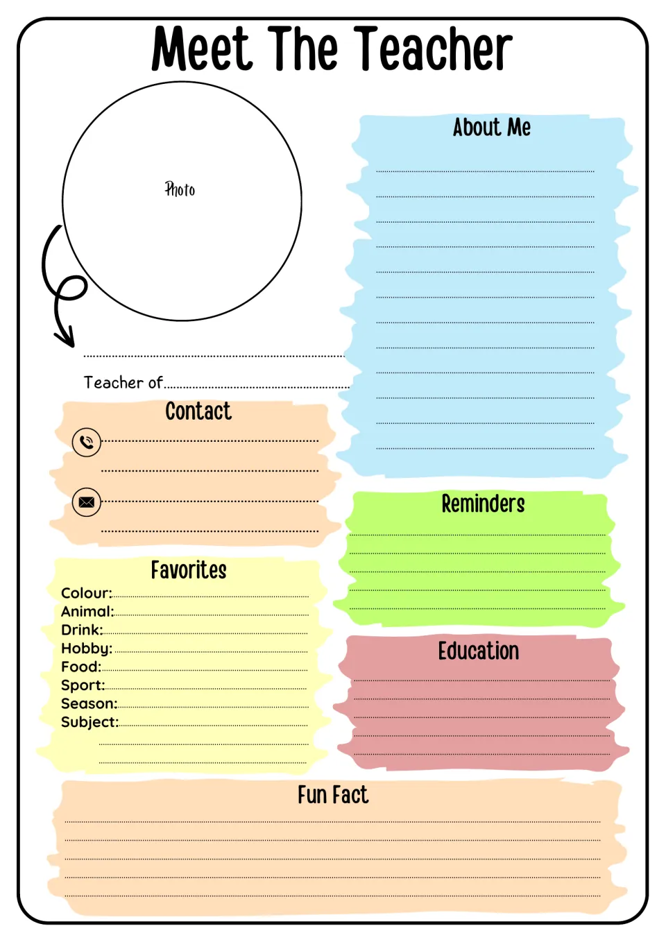 Meet The Teacher form: teachers add a photo, About Me, contact, favorites, reminders, education and a fun fact