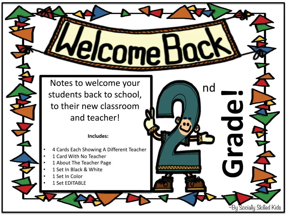 Welcome Back 2nd Grade cover listing four teacher cards, a no-teacher card, an About The Teacher page and an editable set