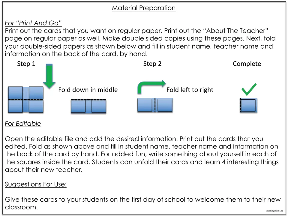 Material preparation steps: print double-sided, fold down in the middle, then fold left to right into a welcome card