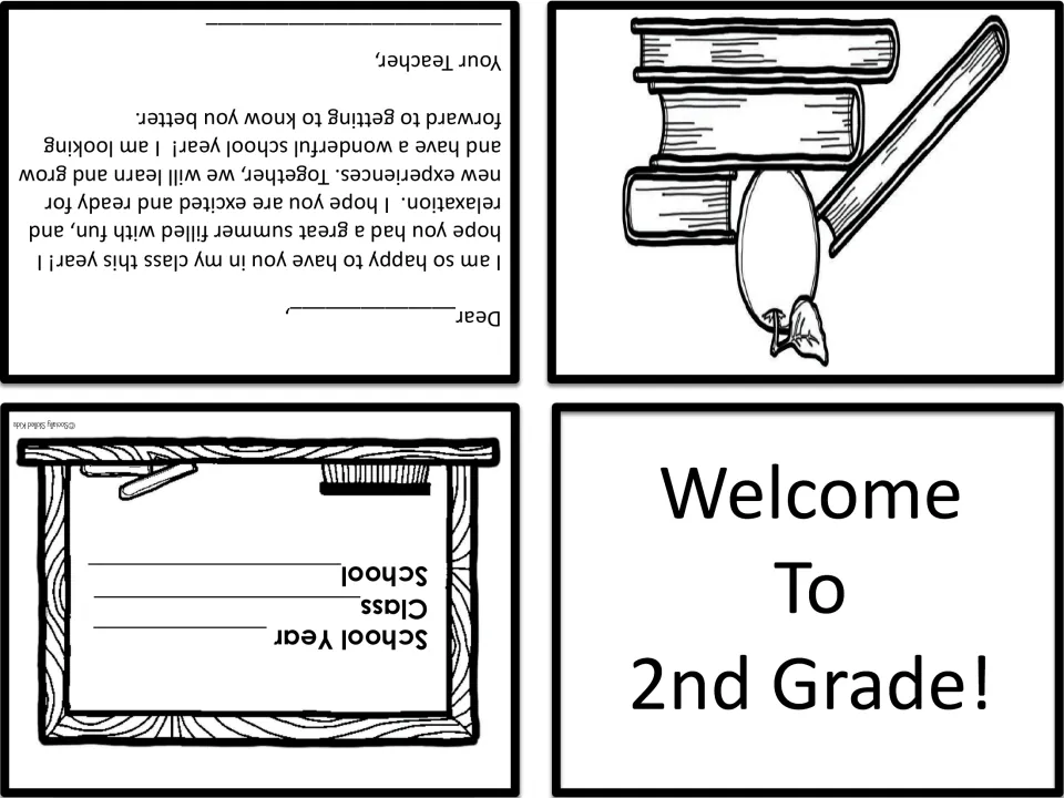 Foldable welcome card with no teacher pictured: Welcome To 2nd Grade front, class and school lines, and a teacher letter