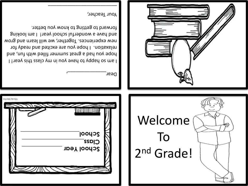 Welcome To 2nd Grade card showing a male teacher with arms crossed, a books-and-apple panel and a welcome letter inside
