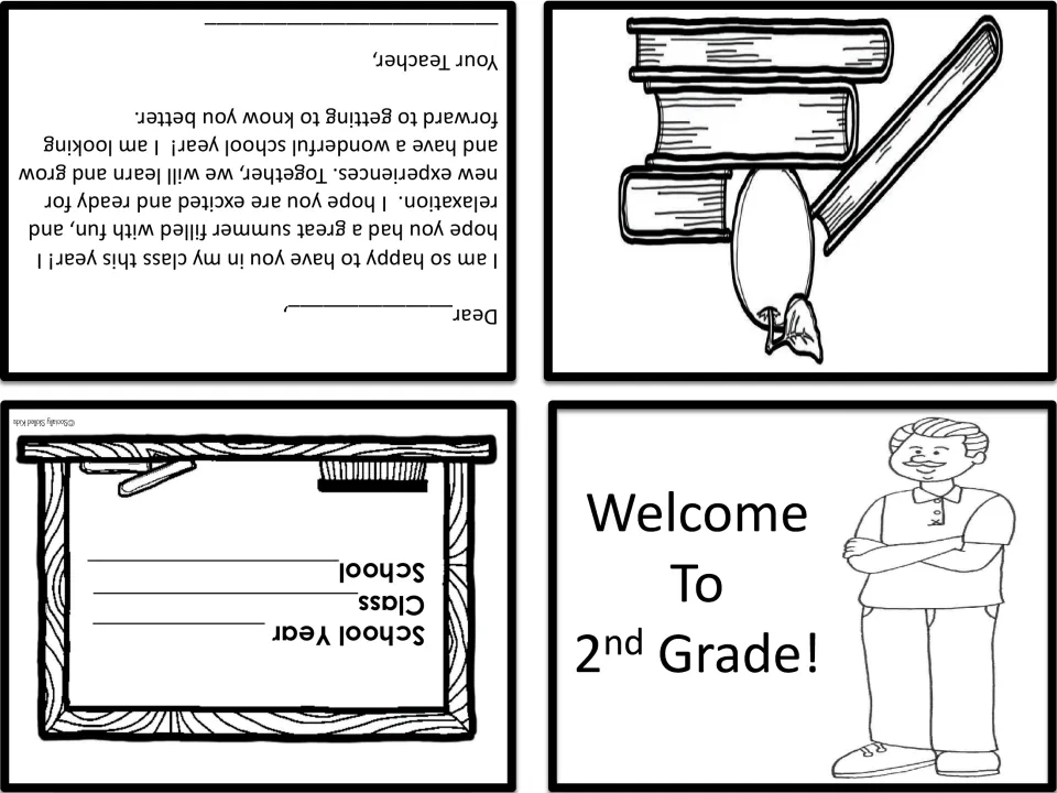 Welcome To 2nd Grade card featuring an older male teacher in a polo shirt, with fill-in class details and a letter