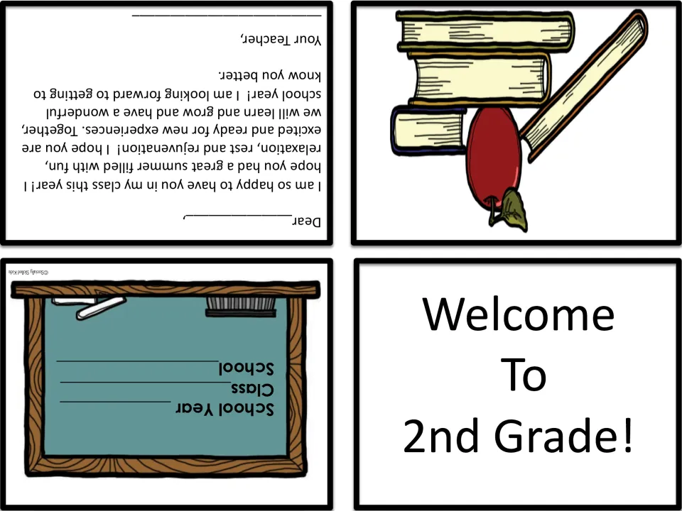 Color version of the foldable card: Welcome To 2nd Grade front, red apple and books, green chalkboard, teacher letter