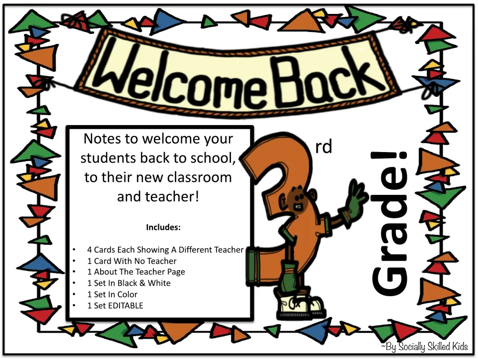 Welcome Back 3rd Grade cover listing 4 teacher cards, 1 no-teacher card, About The Teacher page, color and B&W sets