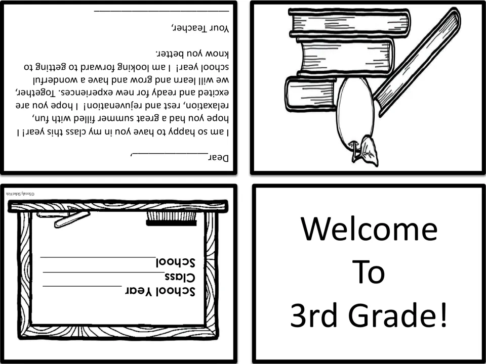Black-and-white foldable welcome card: Welcome To 3rd Grade! front, books and apple art, Dear note and school year blanks