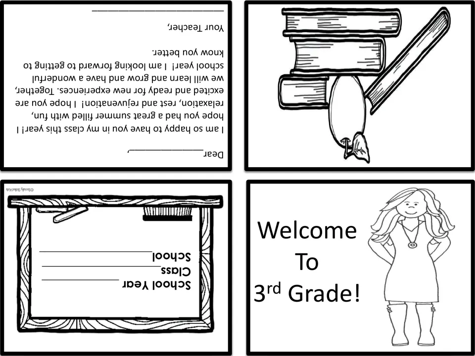 Foldable welcome card, black-and-white, with a long-haired teacher in boots beside Welcome To 3rd Grade! and a Dear letter