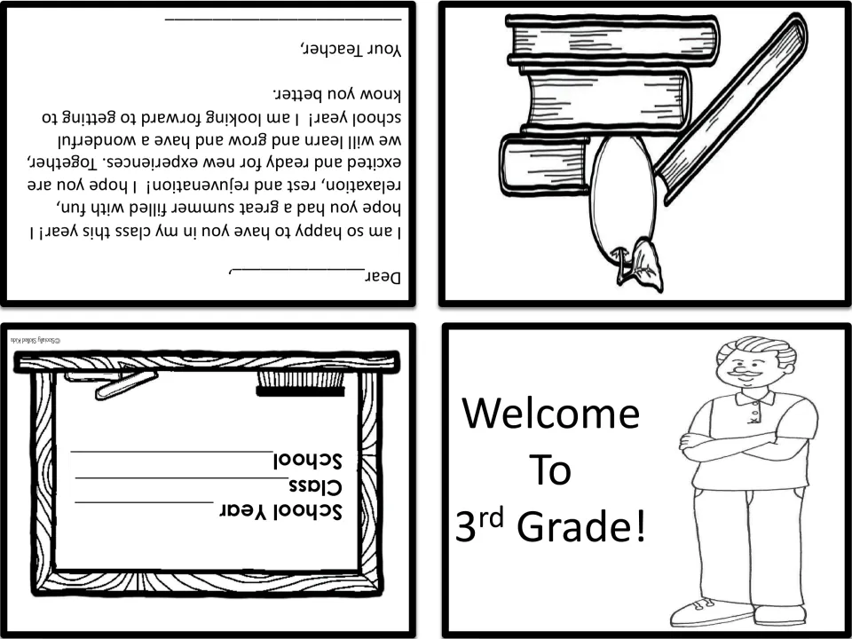 Welcome card featuring a smiling teacher in a polo shirt with crossed arms, Dear note and School Year, Class, School lines