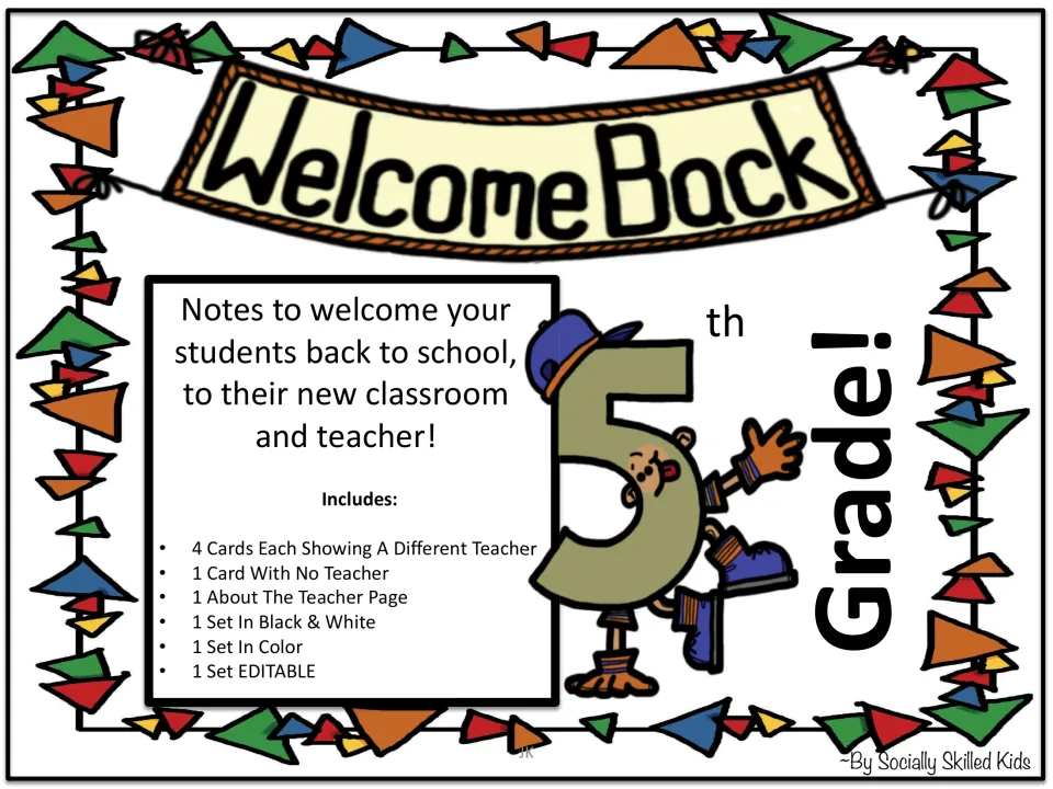 Welcome Back 5th Grade cover: four teacher cards, a no-teacher card, About The Teacher page, color, B&W and editable sets