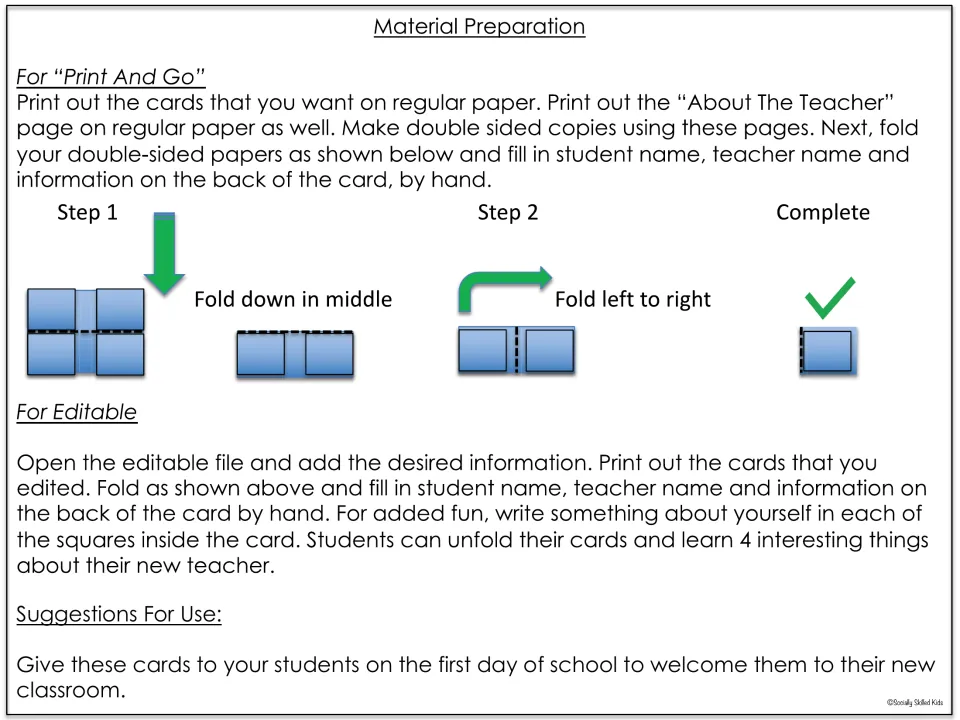 Material preparation: print double-sided, fold the card down the middle then left to right, and fill in names by hand