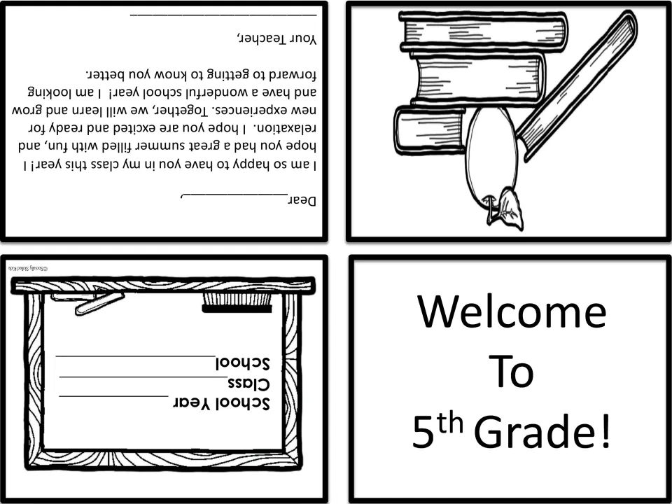 No-teacher welcome card, black and white: Welcome To 5th Grade! front, Dear ___ letter and school year, class, school lines