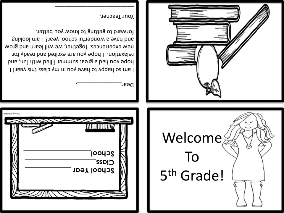 Welcome card showing a long-haired teacher in a dress, with a Dear ___ back-to-school letter signed Your Teacher