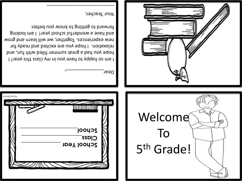 Male teacher with crossed arms on the Welcome To 5th Grade! card front; inside, a fill-in greeting and school year lines
