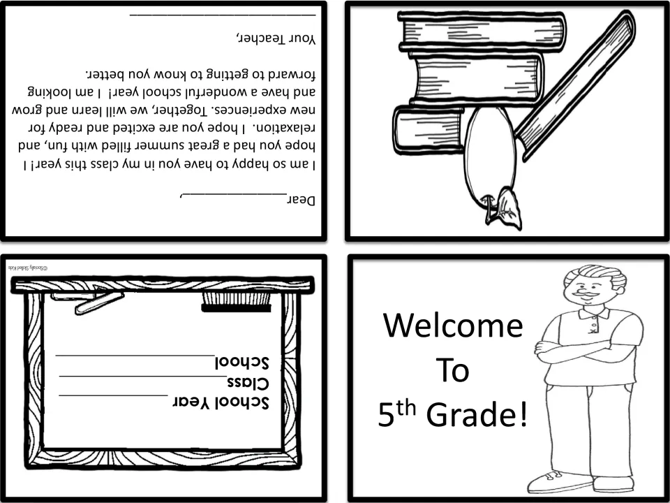 Mustached teacher in a polo shirt on the welcome card front, backed by a summer greeting letter and a chalkboard info panel