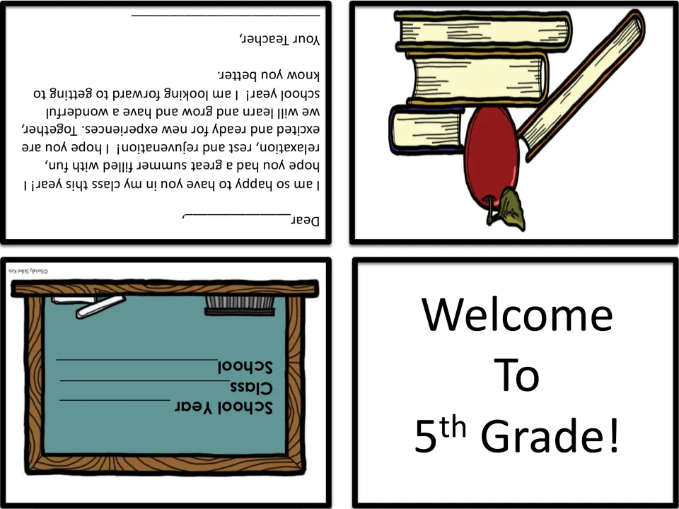 Color no-teacher welcome card with red apple and books, green chalkboard info panel and letter wishing rest and rejuvenation