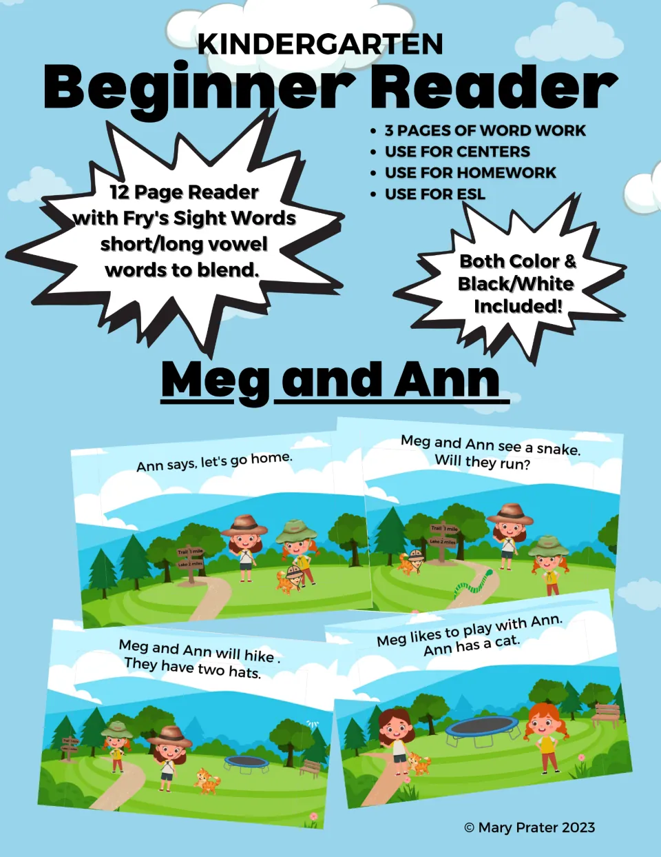 Beginner reader cover featuring Meg and Ann, story samples, Fry sight words, and short- and long-vowel practice