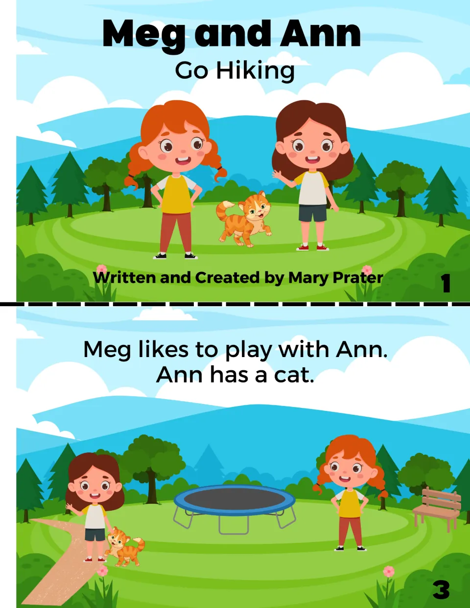Color booklet pages 1 and 3: hiking story title, author Mary Prater, and Meg playing with Ann, who has a cat