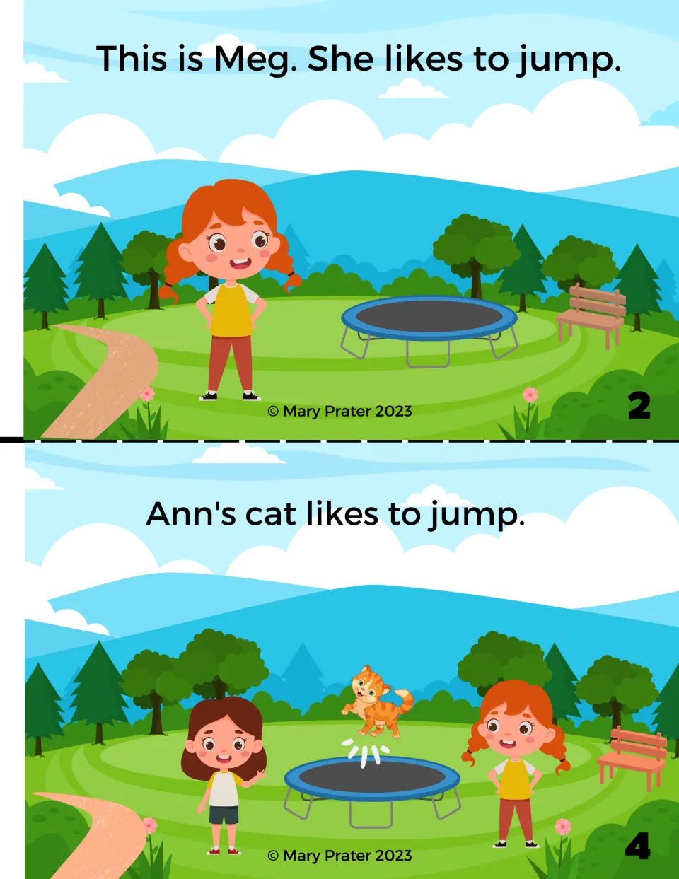 Color booklet pages 2 and 4 introduce Meg, who likes to jump, and show Ann's cat jumping on a trampoline