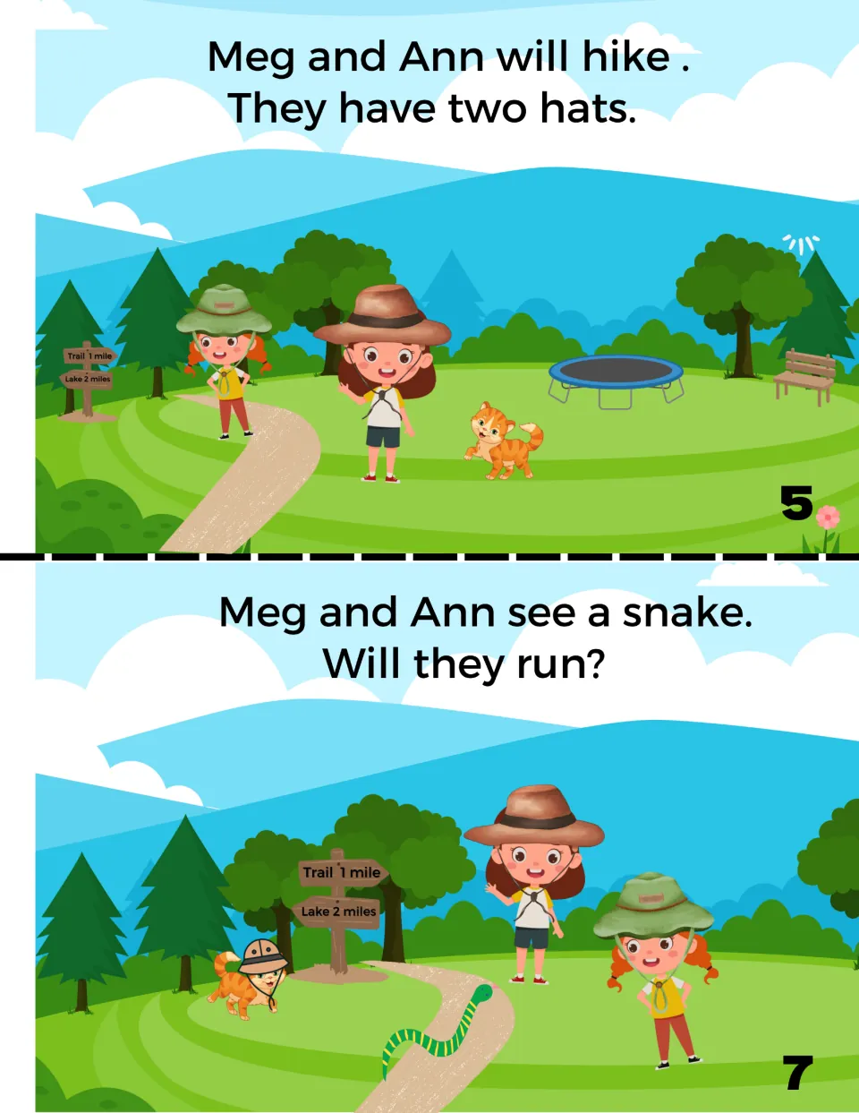 Color booklet pages 5 and 7: Meg and Ann have two hats for their hike, then see a snake and may run