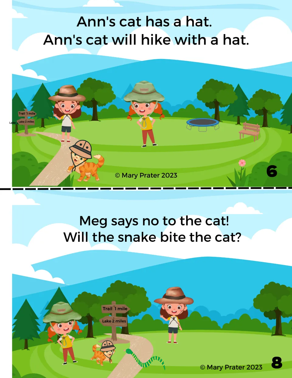Color booklet pages 6 and 8: Ann's cat hikes wearing a hat; Meg says no, and the text asks if the snake will bite