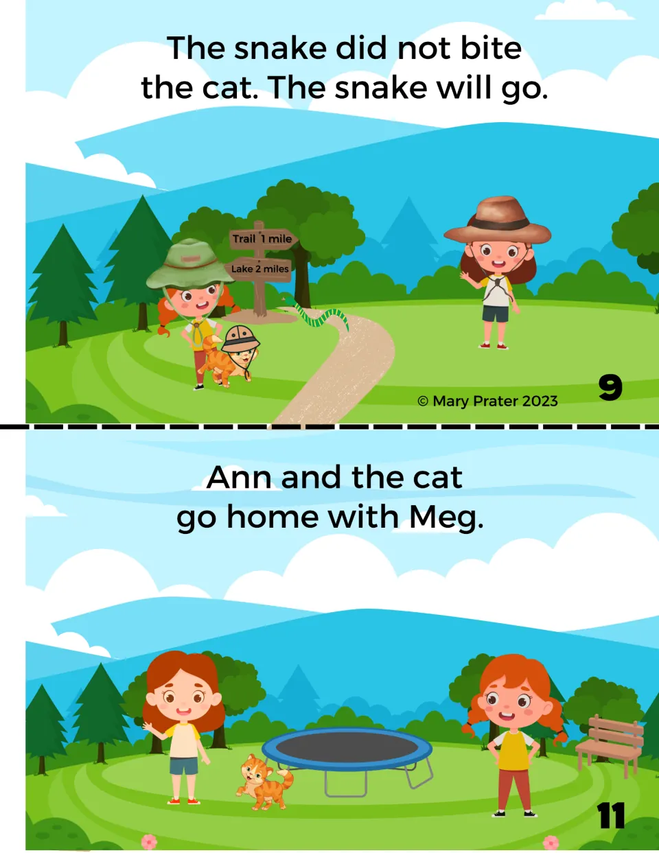 Color booklet pages 9 and 11: the snake leaves without biting the cat, and Ann and the cat go home with Meg