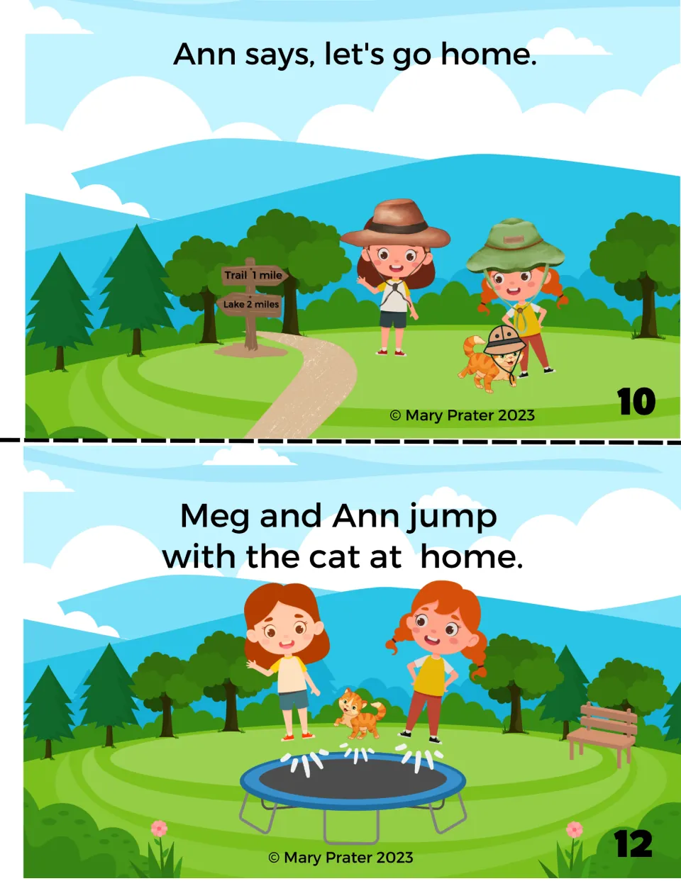 Color booklet pages 10 and 12: Ann says to go home, and Meg, Ann, and the cat jump together at home