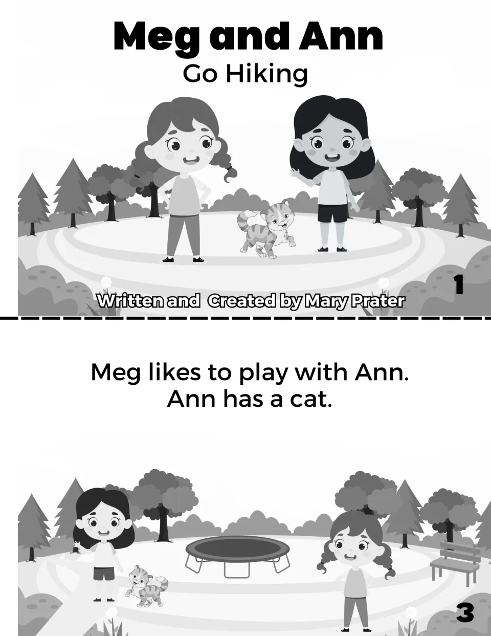 Black-and-white booklet pages 1 and 3: hiking story title and the sentences about Meg playing with Ann and her cat