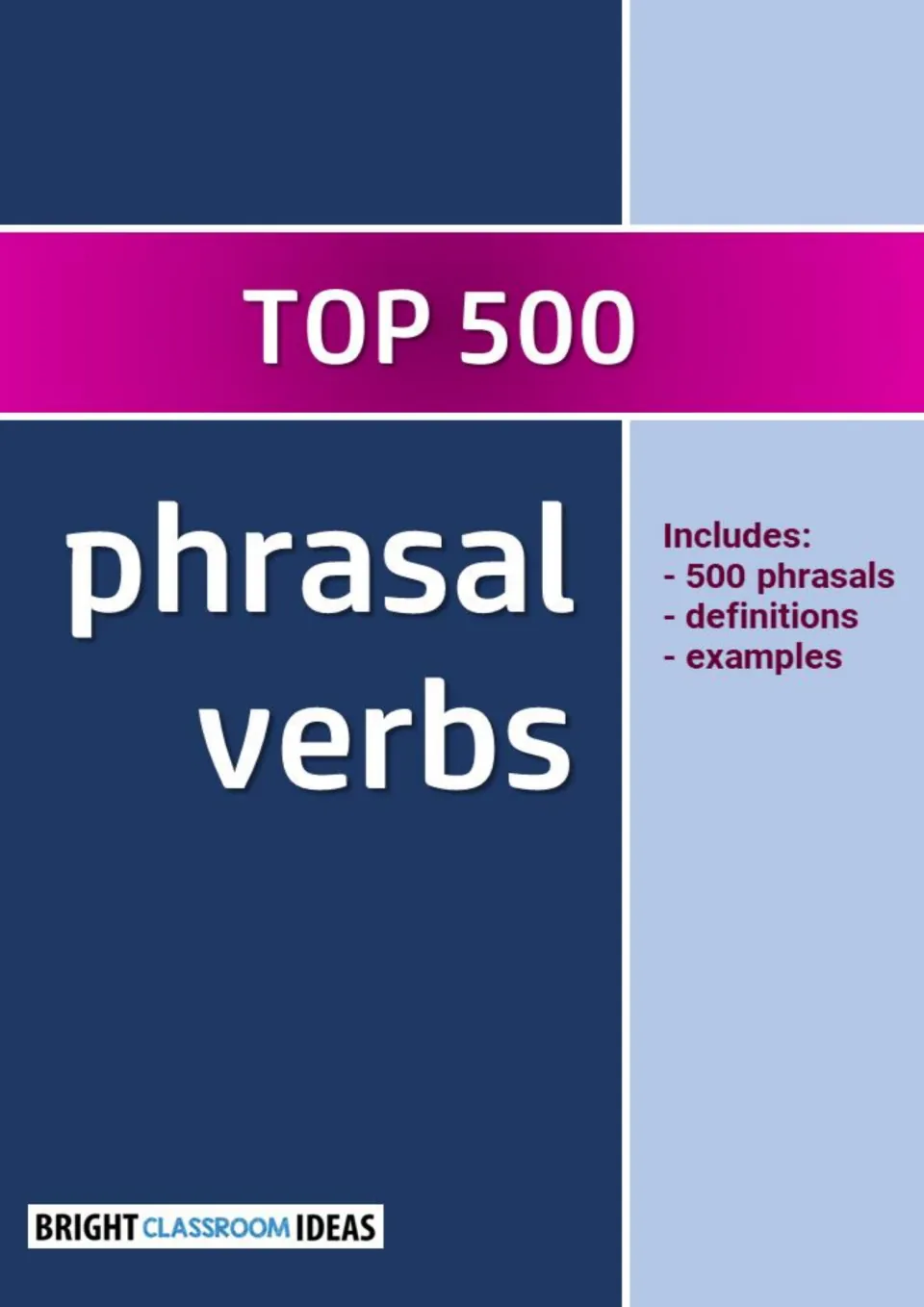 Top 500 Phrasal Verbs cover from Bright Classroom Ideas, listing 500 phrasals with definitions and examples inside
