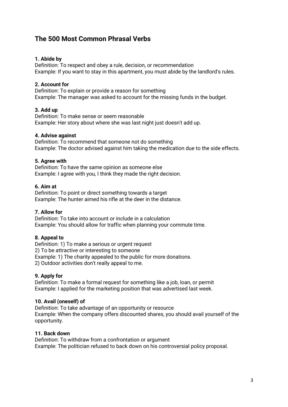 Phrasal verbs 1-11, abide by to back down: each has a definition and example sentence for vocabulary study