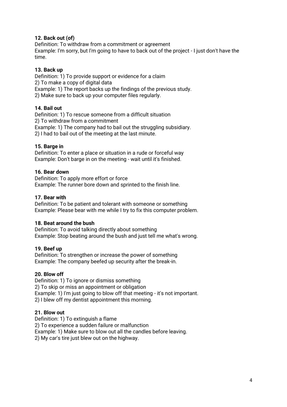 Phrasal verbs 12-21, back out to blow out, with meanings and example sentences, including idiom beat around the bush