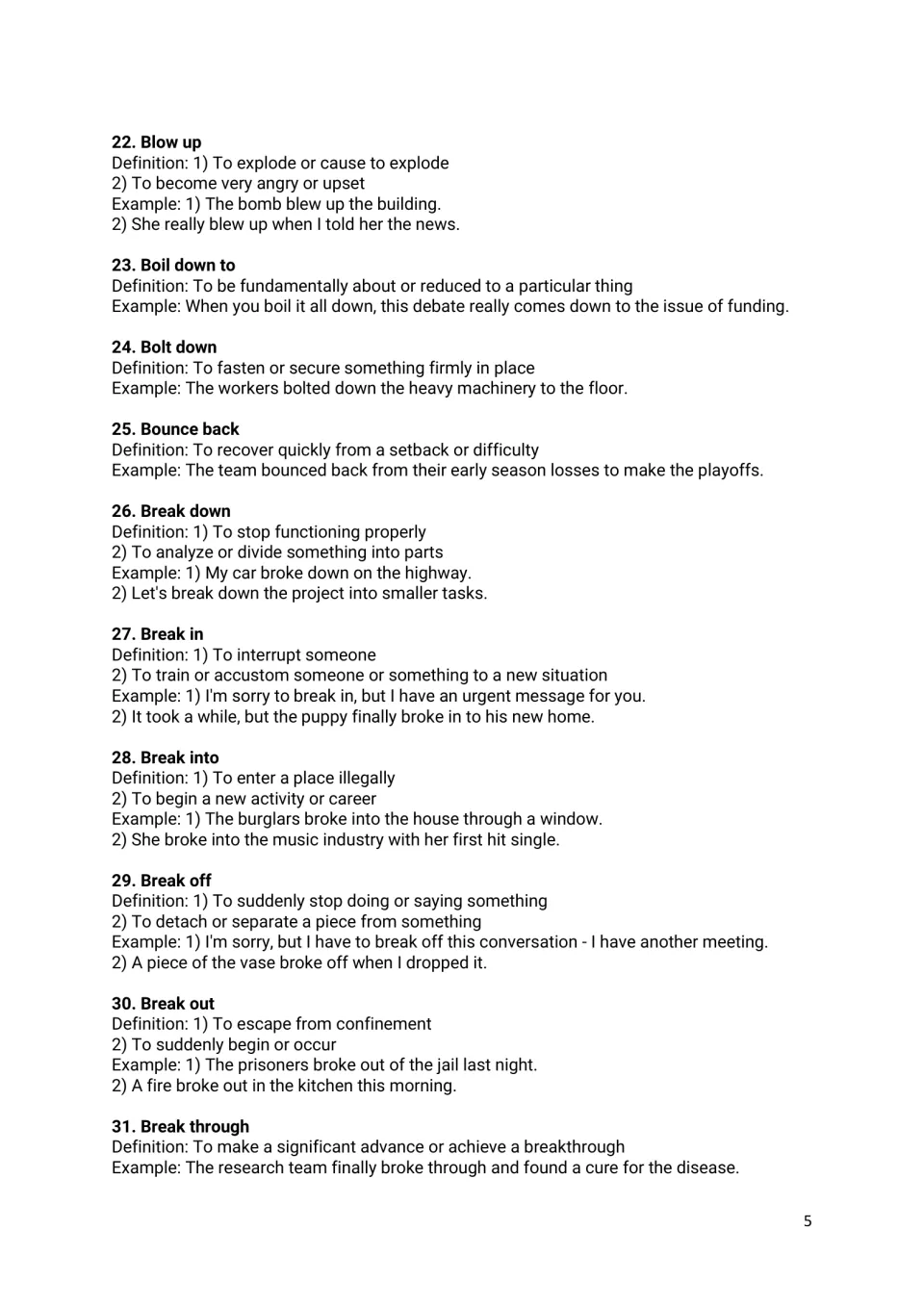 Phrasal verbs 22-31, blow up to break through, showing multiple meanings of break down, break in and break out