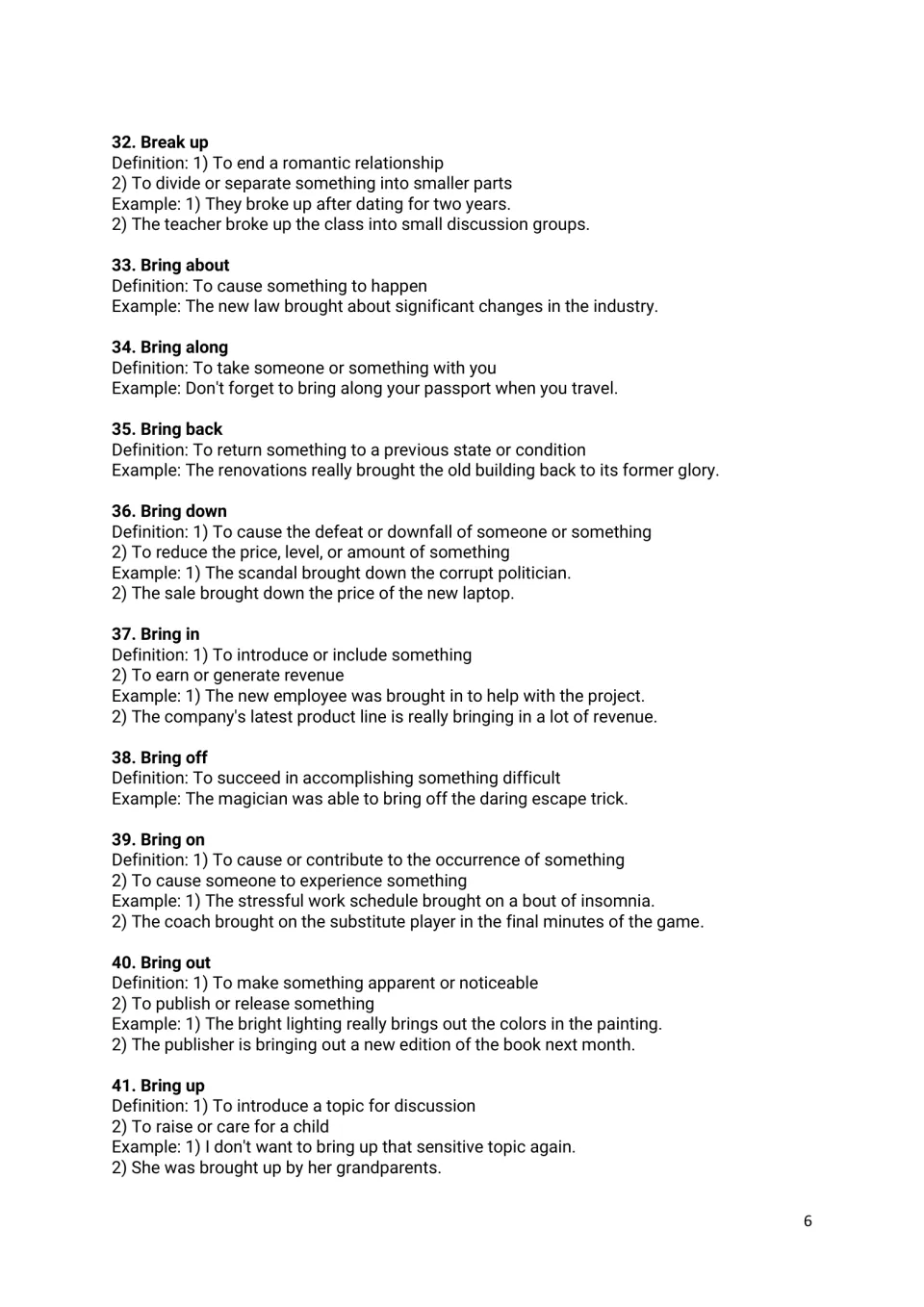 Phrasal verbs 32-41 built on break and bring, such as bring about and bring up, each with definitions and examples