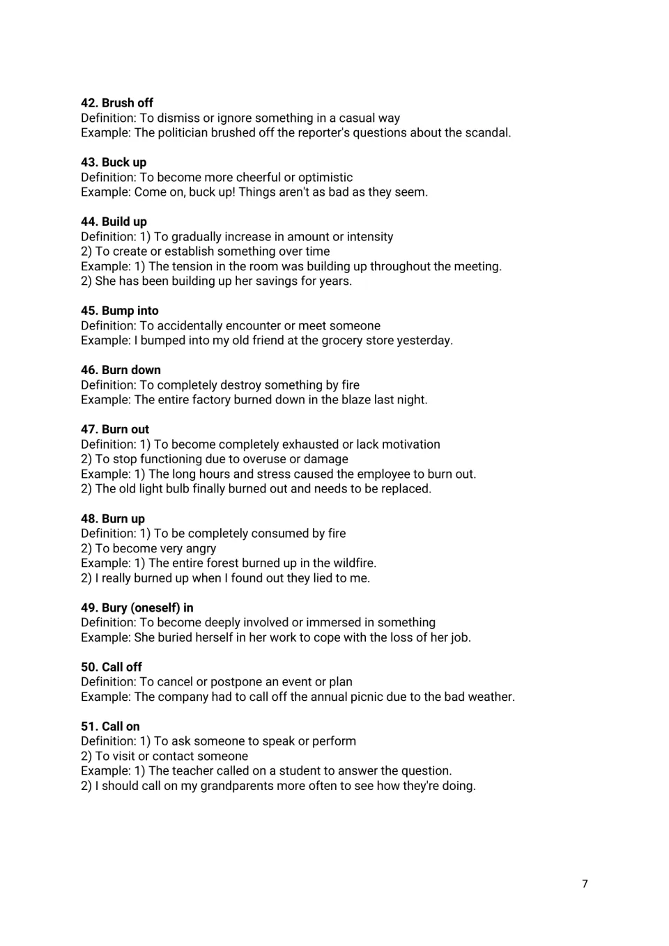 Phrasal verbs 42-51, brush off to call on, including burn down, burn out and burn up, with meanings and example uses