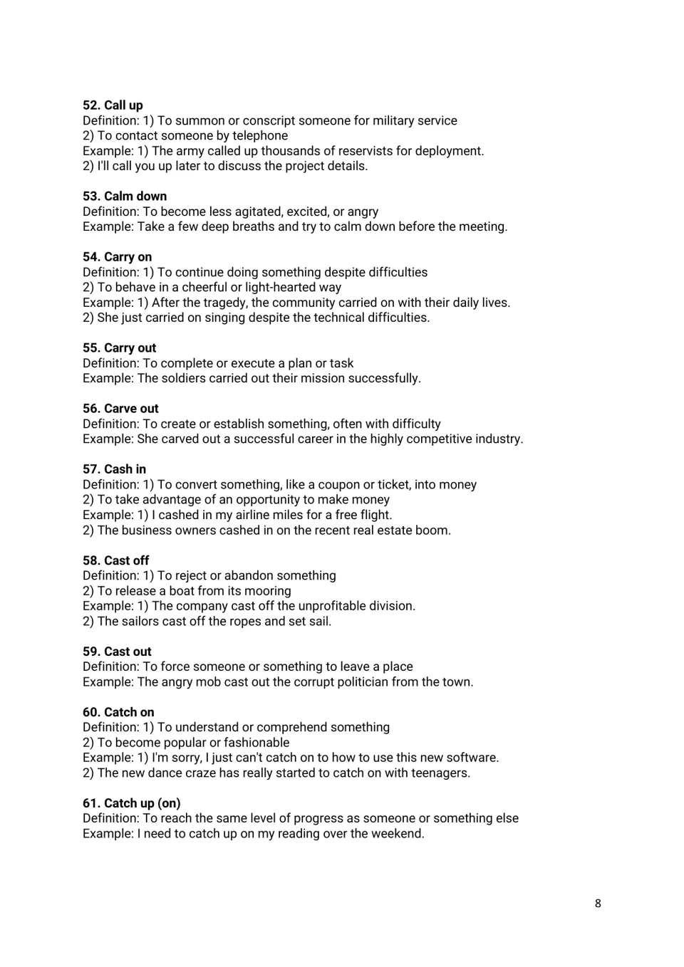 Phrasal verbs 52-61, call up to catch up (on), covering carry, cash, cast and catch verbs with definitions and examples