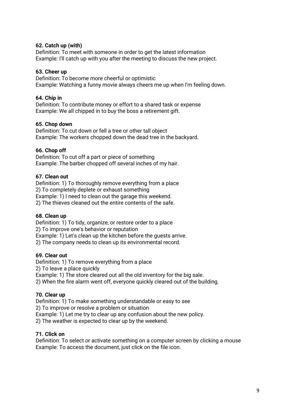 Phrasal verbs 62-71, catch up (with) to click on, such as chip in, clean up and clear out, each defined with an example