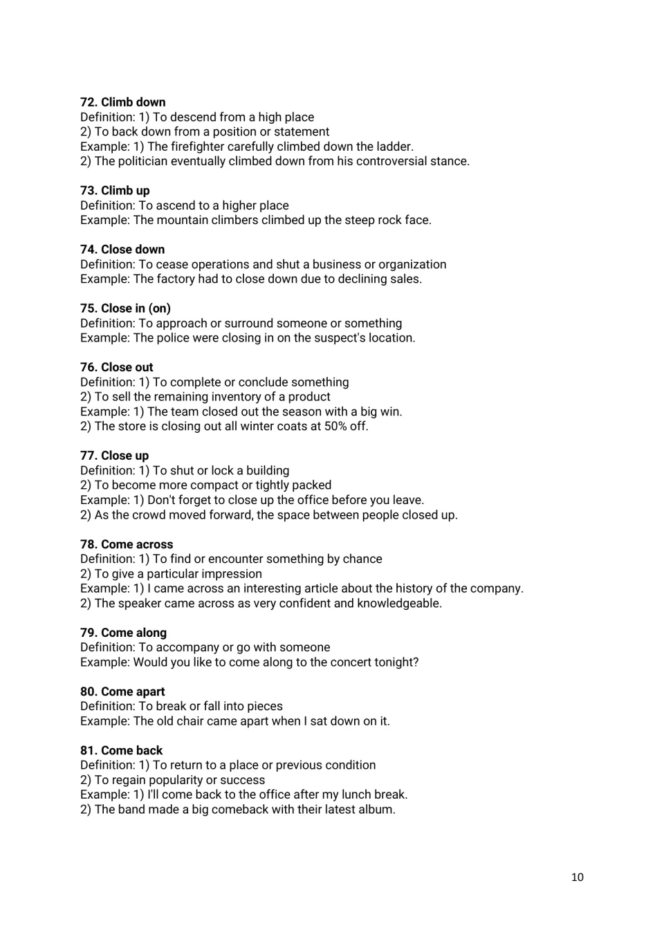 Phrasal verbs 72-81, climb down to come back, with close and come forms explained through definitions and example lines