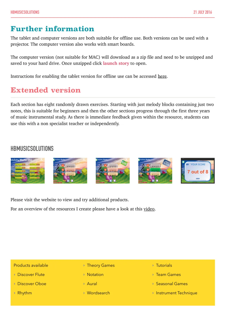 Usage notes: offline, projector and smart board use; each section has eight random exercises starting with two notes