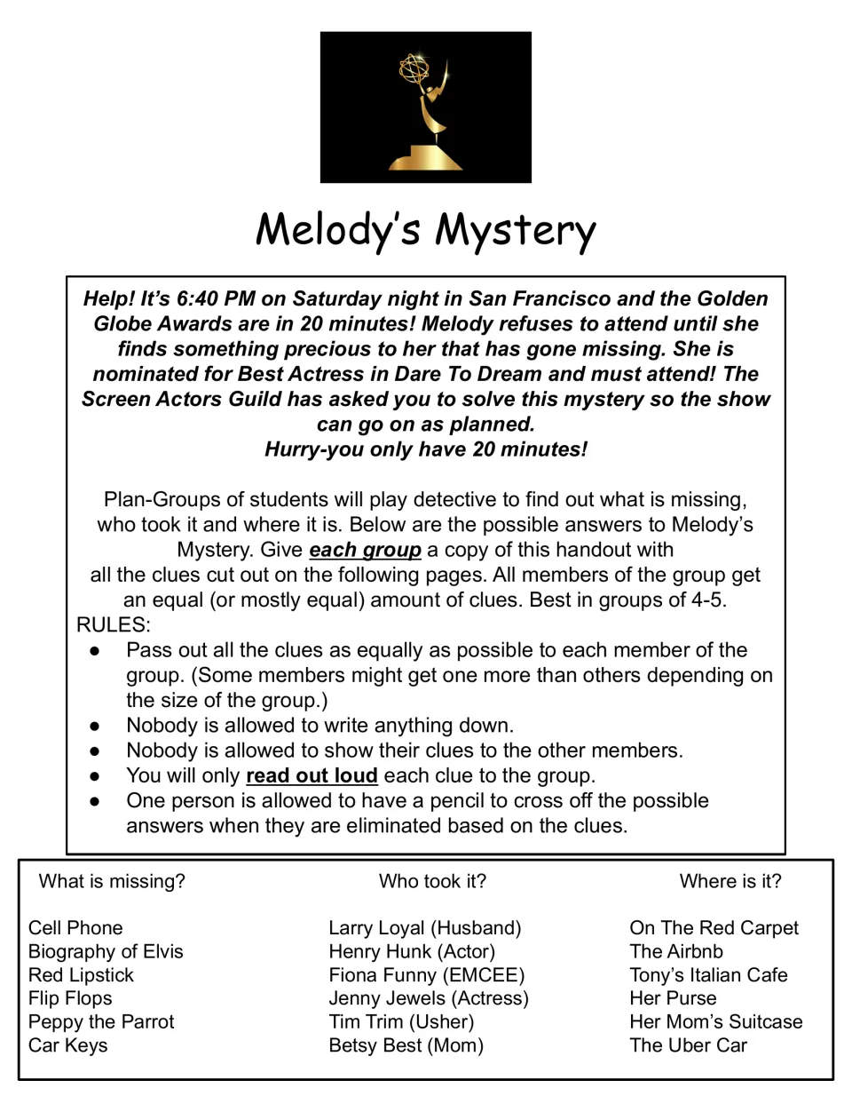 Golden Globes mystery setup and rules: groups read clues aloud to eliminate what is missing, who took it and where it is