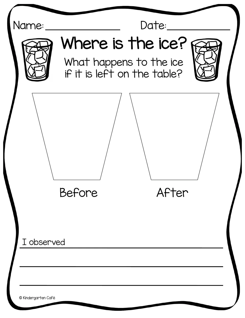 Where is the ice? Melting observation: students draw ice before and after it sits on the table and write what they saw