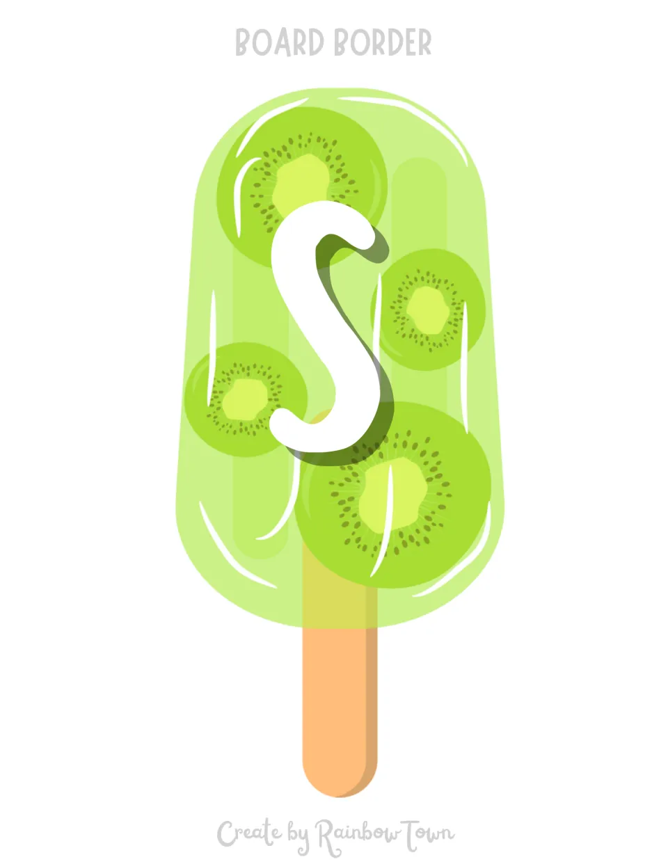 Popsicle letter S: large green kiwi ice pop with a white S on it, a full-page letter for spelling out a board title