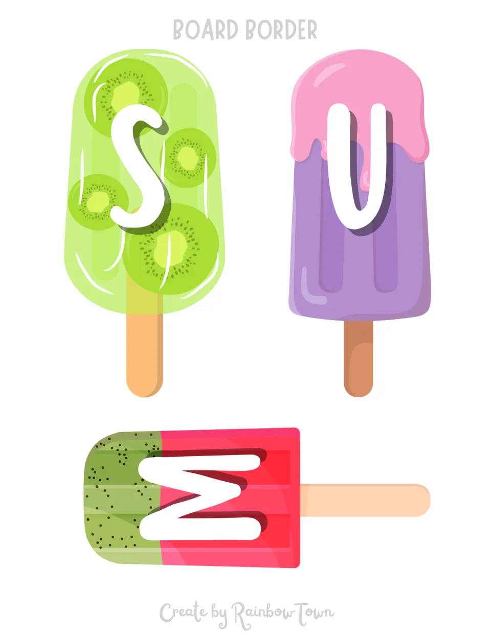 Smaller popsicle letters S, U and M on kiwi, purple and watermelon ice pops, three to a page for a compact title