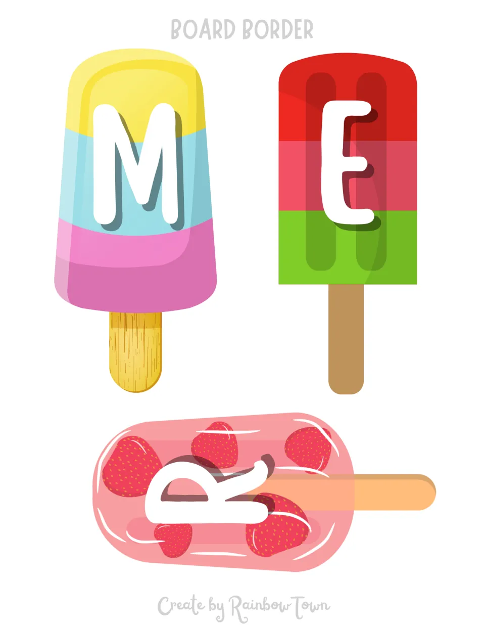 Popsicle letters M, E and R on striped yellow-blue-pink, red-green layered and strawberry ice pops for a summer title