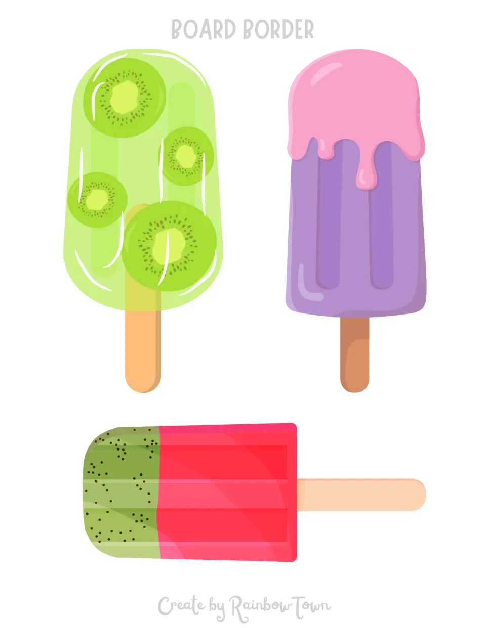 Blank ice pops in kiwi, purple drip and watermelon flavors with no letters, spare pieces to fill out a summer display