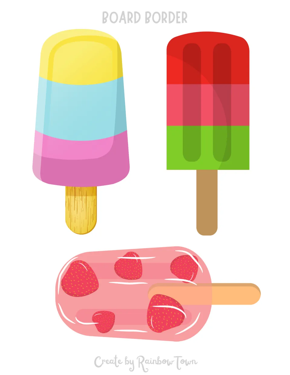 Blank striped yellow-blue-pink, red-and-green and strawberry ice pops with no letters, a second set of spare pops